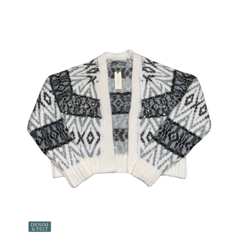 NEW‎ Anthropologie Fair Isle Cropped Cardigan Sweater Beaded Nordic Cozy Ski